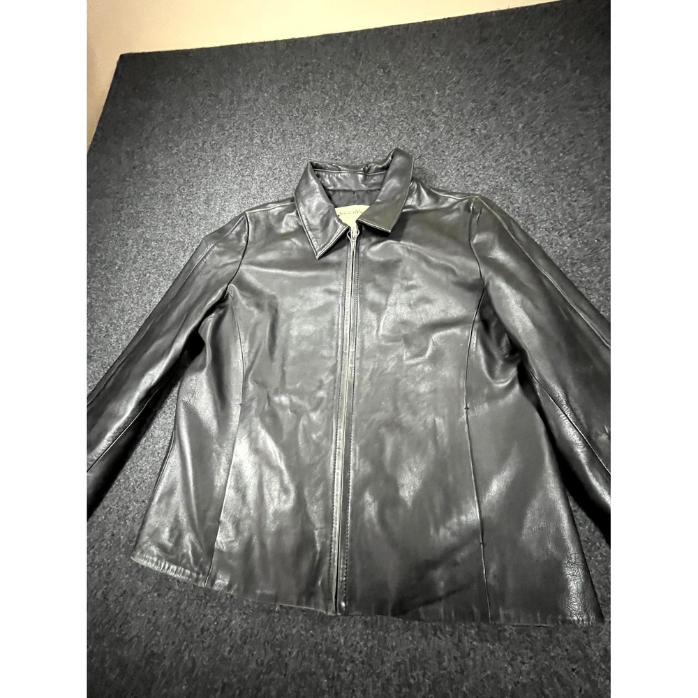 Eddie Bauer Lambskin Leather Jacket Women Petite M Black Y2K Minimalist Full Zip